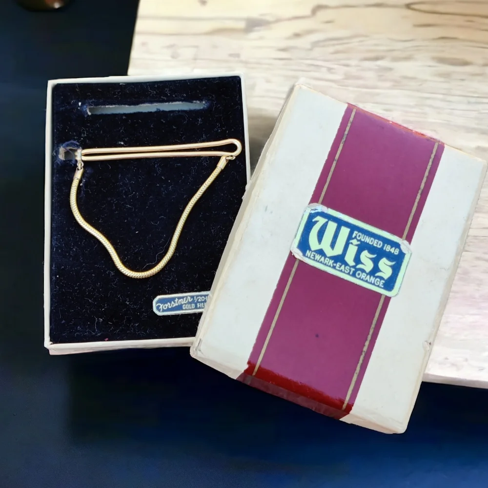 NIB Vintage men's Forstner 12k GF Tie bar with snake chain